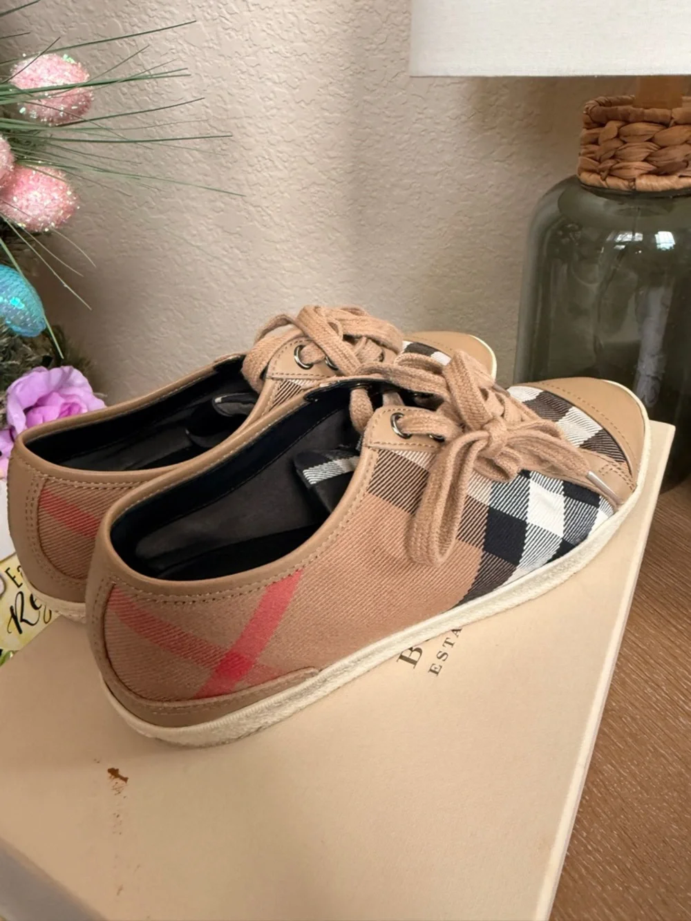 Burberry Tan Plaid Low-Top Sneakers - Picture 3 of 8